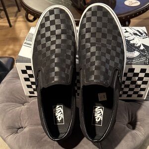Vans Men's Black and Gray Checkered Slip-On Sneakers